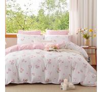 Erwinmu Floral Comforter Set Queen Size - 3 Pieces Pink White Floral Tulips Bow Comforter Bedding Sets Reversible Pattern,Queen Bed in a Bag with Flowers Comforter and 2 Pillowcases
