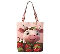 Erwqavc Canvas Tote Bag for Women, Reusable Shoulder Bag/Cows and Strawberries Print Shopping Grocery Handbags, for Beach Gift Gym