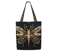 Erwqavc Canvas Tote Bag for Women, Reusable Shoulder Bag/Golden Delicate Dragonfly on Black Background Print Shopping Grocery Handbags, for Beach Gift Gym