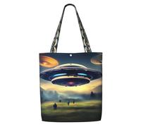 Erwqavc Canvas Tote Bag for Women, Reusable Shoulder Bag/UFO landing Print Shopping Grocery Handbags, for Beach Gift Gym