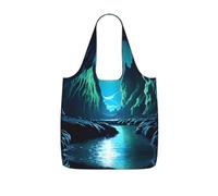Erwqavc Water Moon Cave Print Reusable Shopping Tote Bags, Foldable Grocery Bags in Pocket, Shoulder Bag for Women,for Daily
