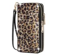 ERWUBA Women's Rhinestone Large Capacity Double Zipper Wristlet Clutch Purse Party Wallet Card Phone Holder, Yellow Leopard Print, Women's Rhinestone Large Capacity Double Zipper Wristlet Clutch Purse