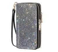 ERWUBA Women's Rhinestone Large Capacity Double Zipper Wristlet Clutch Purse Party Wallet Card Phone Holder, White Diamond, 7.6 x 4.3 x 1.9 inches