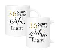 ERYUWOZA 36th Anniversary Coffee Mugs Set of 2, 11oz Ceramic, Commemorative, Round, White, Sturdy, Double Sided Printing, Image Don't Fade, Gift Wrap, 36 Years of Being MR/MRS Always Right