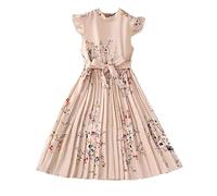 es-uk Dresses for Girls - Floral Print Ruffle Cap Sleeve Chiffon Pleated Dress with Waist Tie Girls Summer Dress (Beige, 150)