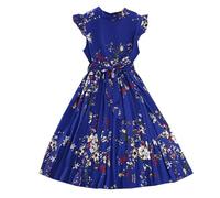 es-uk Dresses for Girls - Floral Print Ruffle Cap Sleeve Chiffon Pleated Dress with Waist Tie Girls Summer Dress (Royal Blue, 130)