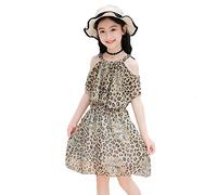 es-uk Girls Chiffon Leopard Tropical Print Cold Shoulder Elastic Waist Dress (Brown Leopard, 5-6 Years)