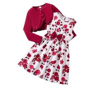 es-uk Girls' outfits & clothing sets - Floral dress with Matching Cardigan, A Perfect Dress for Flower Girl, Holy Communion, Birthday, Party and More - Ideal for Ages 7-12Years (B - Red, 7-8Y)