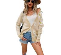 es-uk Women’s Daisy Knit Cardigan - Soft Button Up Floral Jumper, Long Sleeve Lightweight Knitwear, Casual Spring Autumn V-Neck Cardigan for Everyday Wear (Cream, L)