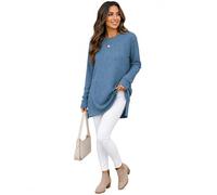 es-uk Women’s Long Sleeve Heart Textured Jumper Top - Soft Knitted Tunic Sweatshirt for Casual Autumn Winter Wear, Round Neck Longline Pullover (Blue/Grey, S)