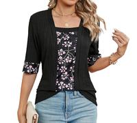 es-uk Women’s Open Front Textured Cardigan with Paisley Print Top Insert - Short Sleeve Lightweight Summer Layering Tunic (Black, L)
