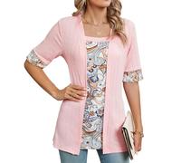 es-uk Women’s Open Front Textured Cardigan with Paisley Print Top Insert - Short Sleeve Lightweight Summer Layering Tunic (Pink, L)
