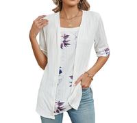 es-uk Women’s Open Front Textured Cardigan with Paisley Print Top Insert - Short Sleeve Lightweight Summer Layering Tunic (White, XXL)