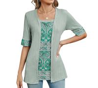 es-uk Women’s Open Front Textured Cardigan with Paisley Print Top Insert - Short Sleeve Lightweight Summer Layering Tunic (Green, L)