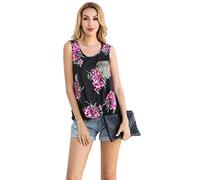es-uk Women's Floral Print Round Neck Sleeveless Twist Front Sequin Chest Pocket Vest T Shirt Tops