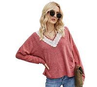es-uk Womens Knitwear - Pullover Ladies Sweaters Crochet V Neck Drop Shoulder Loose Fit Jersey Ladies Sweatshirt (Pink, L)