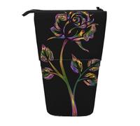 ESASAM Black and Gold Flowers Vertical Retractable Pencil Case, Easy to Use, Adjustable Size According to Needs