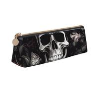 ESASAM Black Floral Halloween Skull Leather Triangular Pencil Case, Lightweight and Cute, with Large Capacity