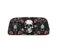 ESASAM Black Floral Halloween Skull Leather Zipper Three-Dimensional Pencil Case, Simple and Elegant, Fashionable and Practical