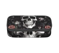 ESASAM Black Floral Halloween Skull Print Pencil Case Spacious Oxford Cloth Storage with Multiple Compartments
