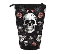 ESASAM Black Floral Halloween Skull Vertical Retractable Pencil Case, Easy to Use, Adjustable Size According to Needs