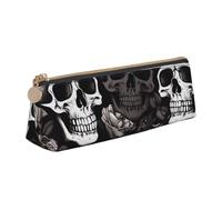 ESASAM Black Floral Skull Leather Triangular Pencil Case, Lightweight and Cute, with Large Capacity