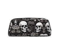 ESASAM Black Floral Skull Leather Zipper Three-Dimensional Pencil Case, Simple and Elegant, Fashionable and Practical