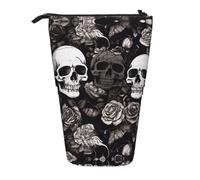 ESASAM Black Floral Skull Vertical Retractable Pencil Case, Easy to Use, Adjustable Size According to Needs