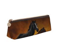 ESASAM Black Horses Red Glowing Clouds Leather Triangular Pencil Case, Lightweight and Cute, with Large Capacity