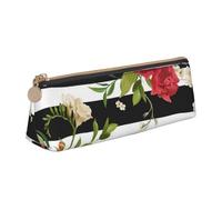 ESASAM Black White Stripes Red Rose Flowers Leather Triangular Pencil Case, Lightweight and Cute, with Large Capacity