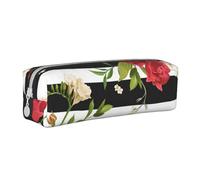 ESASAM Black White Stripes Red Rose Flowers Leather Zipper Three-Dimensional Pencil Case, Simple and Elegant, Fashionable and Practical