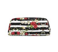 ESASAM Black White Stripes Red Rose Flowers Leather Zipper Three-Dimensional Pencil Case, Simple and Elegant, Fashionable and Practical