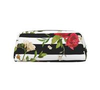 ESASAM Black White Stripes Red Rose Flowers Leather Zipper Three-Dimensional Pencil Case, Simple and Elegant, Fashionable and Practical