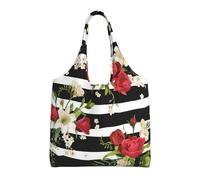 ESASAM Black White Stripes Red Rose Flowers Stylish Canvas One-Shoulder Commuter Bag-Suitable For Daily Use And Urban Exploration