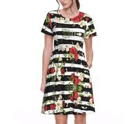 ESASAM Black White Stripes Red Rose Flowers Unique Women's Short Sleeved Dress, Slim Fit, A-Line Version, Skin Friendly and Comfortable