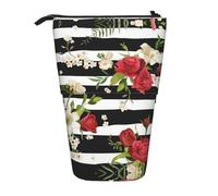 ESASAM Black White Stripes Red Rose Flowers Vertical Retractable Pencil Case, Easy to Use, Adjustable Size According to Needs
