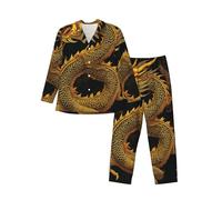 ESASAM Chinese Golden Yellow Dragon Print Men'S Long-Sleeved Pajama Set Soft And Breathable Material