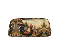 ESASAM Farm Print Chicken and Rooster Leather Zipper Three-Dimensional Pencil Case, Simple and Elegant, Fashionable and Practical