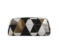 ESASAM Fashion Modern Black White Gold Triangles Leather Zipper Three-Dimensional Pencil Case, Simple and Elegant, Fashionable and Practical