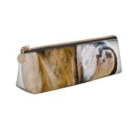ESASAM Funny English Bulldog Leather Triangular Pencil Case, Lightweight and Cute, with Large Capacity