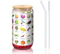 ESASAM Introduction of Various Vegetables 16oz Bamboo Covered Straw Glass Cup, Highly Transparent and Bpa Free, Healthy and Environmentally Friendly