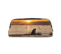 ESASAM Killer Whale Under Sunset Leather Zipper Three-Dimensional Pencil Case, Simple and Elegant, Fashionable and Practical