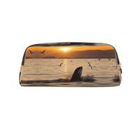 ESASAM Killer Whale Under Sunset Leather Zipper Three-Dimensional Pencil Case, Simple and Elegant, Fashionable and Practical
