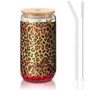 ESASAM Leopard Pattern 16oz Bamboo Covered Straw Glass Cup, Highly Transparent and Bpa Free, Healthy and Environmentally Friendly