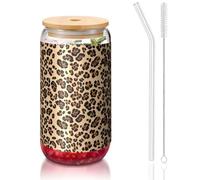 ESASAM Leopard Print 16oz Bamboo Covered Straw Glass Cup, Highly Transparent and Bpa Free, Healthy and Environmentally Friendly