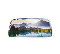 ESASAM Mountain Lake View Sunny Day Nature Leather Zipper Three-Dimensional Pencil Case, Simple and Elegant, Fashionable and Practical