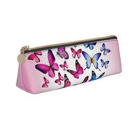 ESASAM Pink Butterflies Leather Triangular Pencil Case, Lightweight and Cute, with Large Capacity