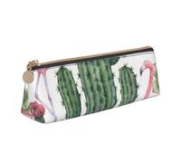 ESASAM Pink Flamingo Succulent Plants Leather Triangular Pencil Case, Lightweight and Cute, with Large Capacity