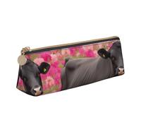 ESASAM Pink Flower Show Steer Cows Cattle Leather Triangular Pencil Case, Lightweight and Cute, with Large Capacity
