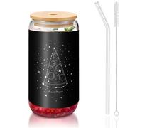 ESASAM Pizza Constellation 16oz Bamboo Covered Straw Glass Cup, Highly Transparent and Bpa Free, Healthy and Environmentally Friendly